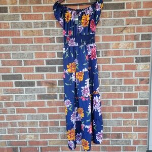 Ana & Rose NWT Navy Floral Maxi Dress Peasant Tie Neckline & Smocked Waist M